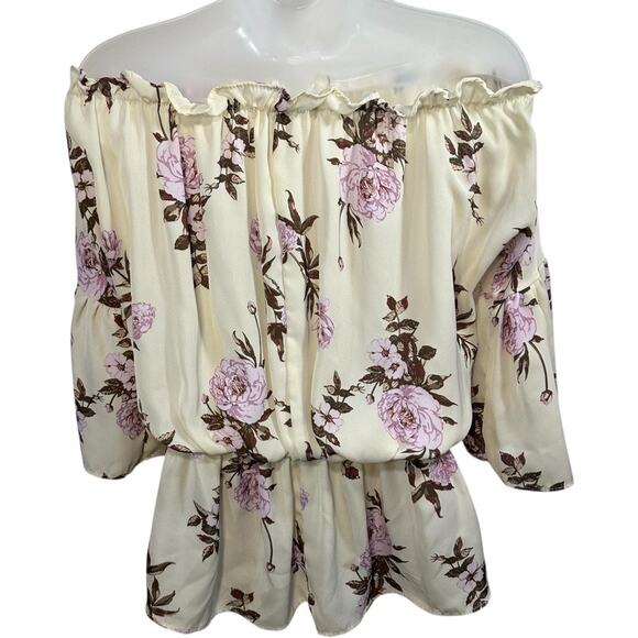 Off Shoulder Floral Peplum Blouse S Cottagecore Feminine Boho Ruffle Pastel Top - Picture 5 of 12